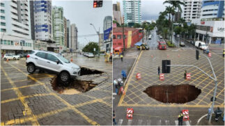 Nas imagens, é possível ver o carro com a parte da frente caído no buraco e as rodas de trás sobre o asfalto. O motorista conseguiu sair sem ferimentos