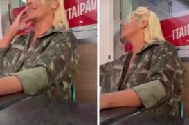No vídeo, postado na noite de sábado (6) uma mulher aparece vestindo um casaco de estampa militar e começa a disparar diversos insultos racistas