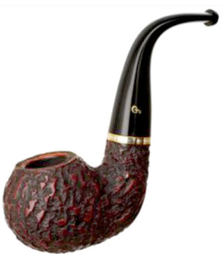 Cachimbo de madeira artisticamente entalhada, embalado em uma caixa apropriada para o seu formato tortuoso que, na verdade, era semelhante ao de um saxofone