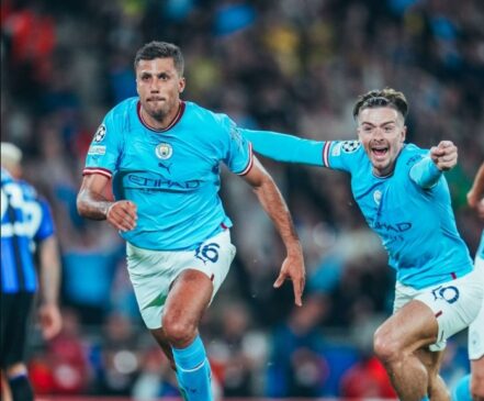 Rodri comemora o gol que deu o título ao Manchester City