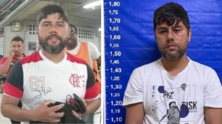 À esquerda, Jonathan ao entrar na arena do Palmeiras. À direita, preso no RJ