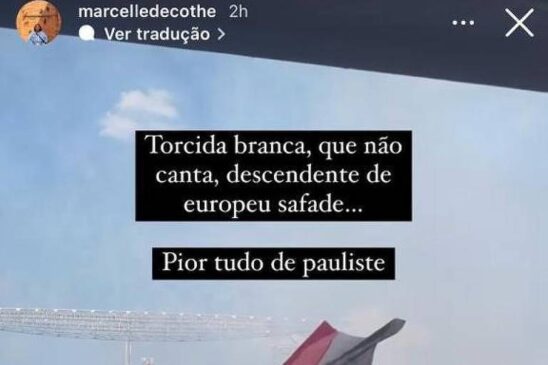 Postagem de Marcelle Decothé, chefe da assessoria da ministra Anielle Franco, que critica torcida do São Paulo