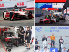 Montagem com carro da Equipe Nissan de Fórmula-E no e-Prix de São Paulo, box da Nissan no e-Prix de São Paulo e pódio do e-Prix de São Paulo