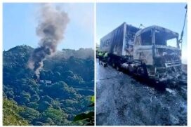 Carreta pega fogo e congestiona via no litoral de SP