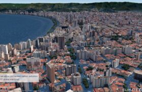 Imagem mostra como deve ficar o litoral paulista caso o aumento da temperatura chegue a 4&ordm;C, nos próximos 25 anos