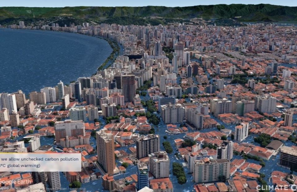 Imagem mostra como deve ficar o litoral paulista caso o aumento da temperatura chegue a 4&ordm;C, nos próximos 25 anos