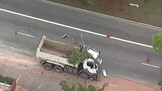 Caminhão derrubou uma árvore e um poste com o impacto da batida