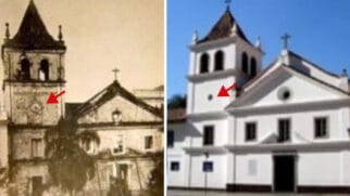 Imagem de 1896, do antigo Pateo do Collegio, revelam a presença de um relógio de granito de um metro e meio de diâmetro na torre do edifício