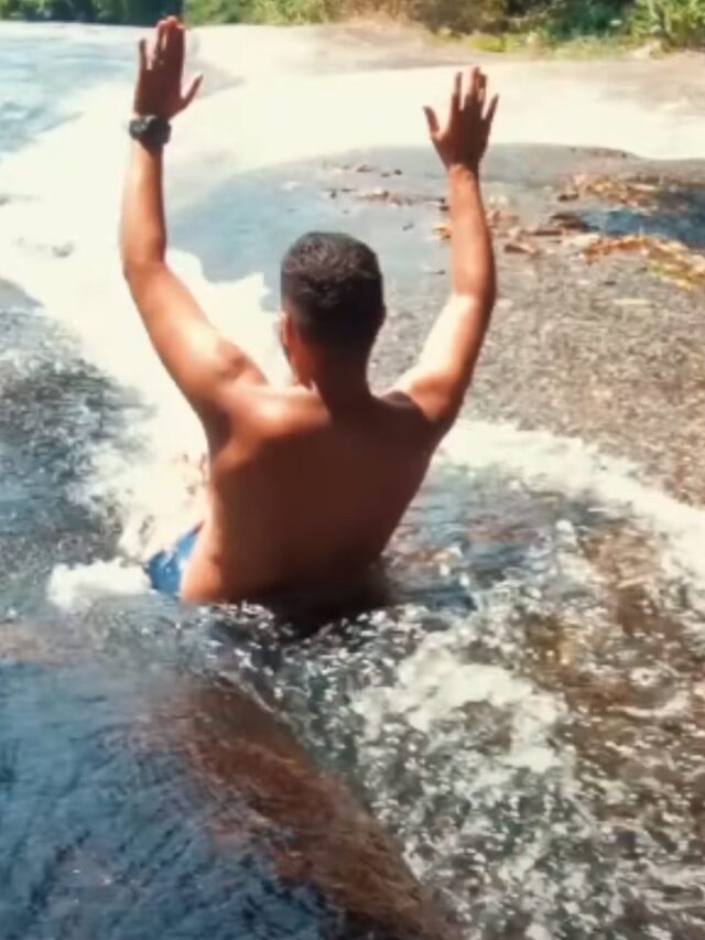 Litoral de SP tem cachoeira com piscina de borda infinita e escorregador