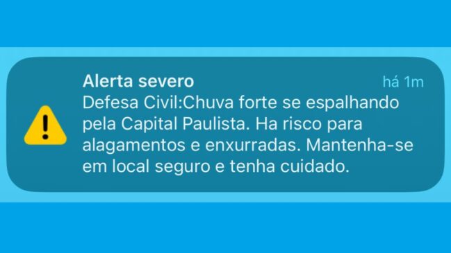 Defesa Civil emite alerta severo para chuvas em São Paulo