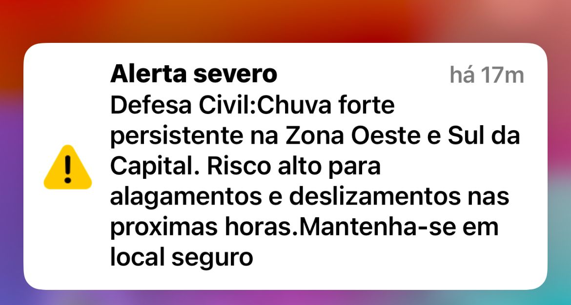 Alerta severo foi enviado a moradores das zonas sul e oeste de São Paulo