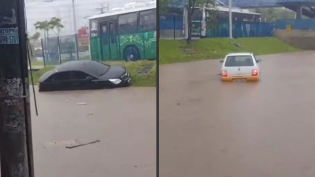 Na Grande São Paulo, as fortes chuvas deixaram a Avenida do Oratório, que fica na divisa entre Capital e Santo André, no ABC Paulista, alagada