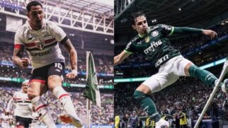 Luciano, do São Paulo, e Raphael Veiga, do Palmeiras, chutando bandeirinha do Allianz Parque