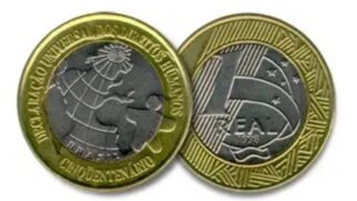 Moeda de 1 real dos 50 anos da Declaração Universal dos Direitos Humanos (1998)