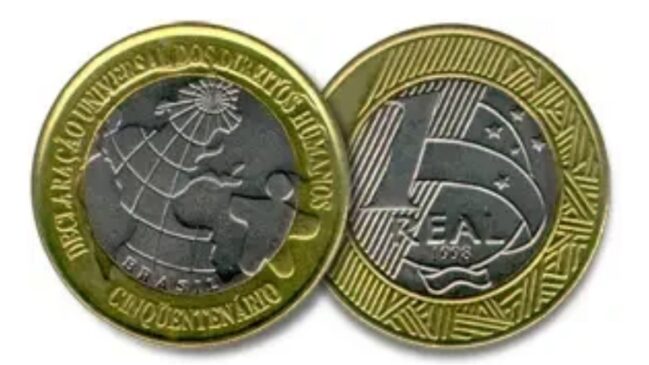 Moeda de 1 real dos 50 anos da Declaração Universal dos Direitos Humanos (1998)