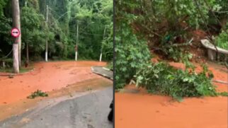 Adutora se rompeu e causou um deslizamento de terra na Ilha Porchat, em São Vicente, no litoral de São Paulo