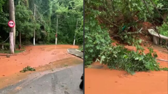 Adutora se rompeu e causou um deslizamento de terra na Ilha Porchat, em São Vicente, no litoral de São Paulo