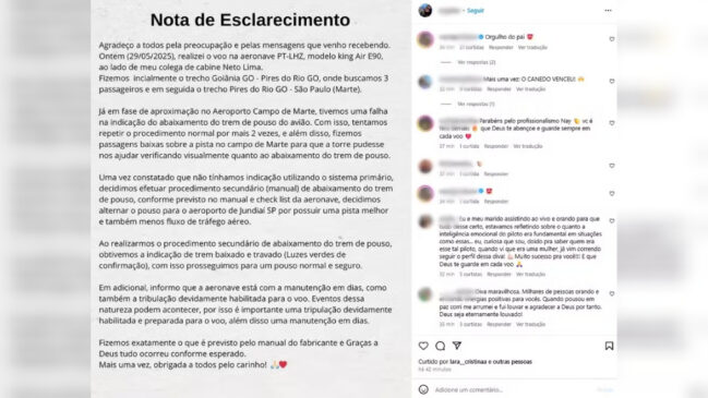 Piloto declarou que tentou acionar o trem de pouso três vezes e não obteve sucesso