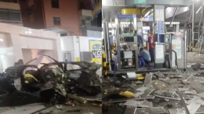 Câmeras de segurança do local registraram o momento em que o cilindro de gás de um carro explode durante o processo de abastecimento