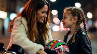 Mulher e criança com capacete