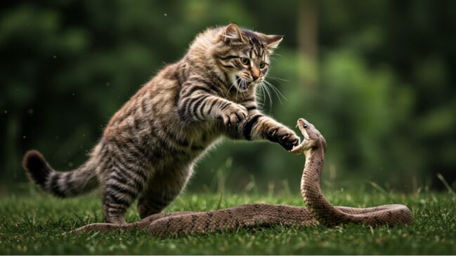 Diversos vídeos mostram gatos enfrentando cobras com estratégia e rapidez. Eles atacam principalmente a cabeça do réptil, seu ponto mais vulnerável, mantendo o corpo afastado e evitando picadas.