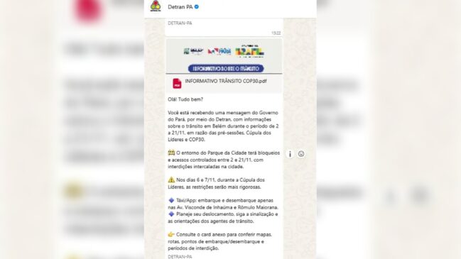 Mensagem Governo do Pará e Detran sobre o trânsito COP30