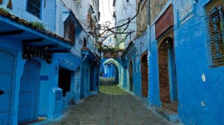 Das ruas às fachadas, o azul domina tudo, como se não houvesse diferença entre os tijolos e o céu