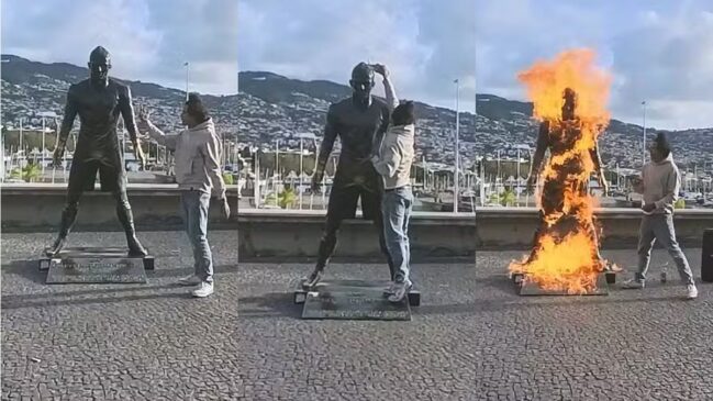Homem ateou fogo a uma estátua de Cristiano Ronaldo localizada em frente ao museu dedicado ao jogador, em Funchal
