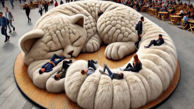 Segunda obra, chamada "Círculo de Paz", apresenta a escultura de um gato gigante deitado em posição de descanso