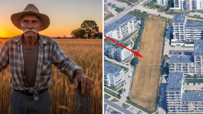 Na cidade polonesa de Lublin, um campo de trigo resiste cercado por blocos de apartamentos depois que o dono recusou vender sua terra.