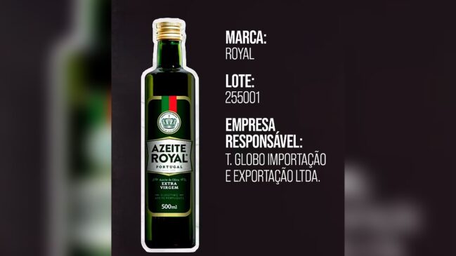 Lote de azeite da marca Royal incompatibilidade com os padrões de qualidade da categoria do produto