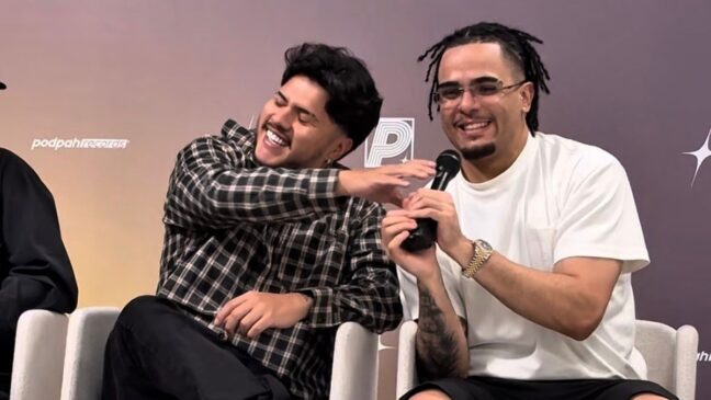 Mítico e Igão durante anúncio do Podpah Records