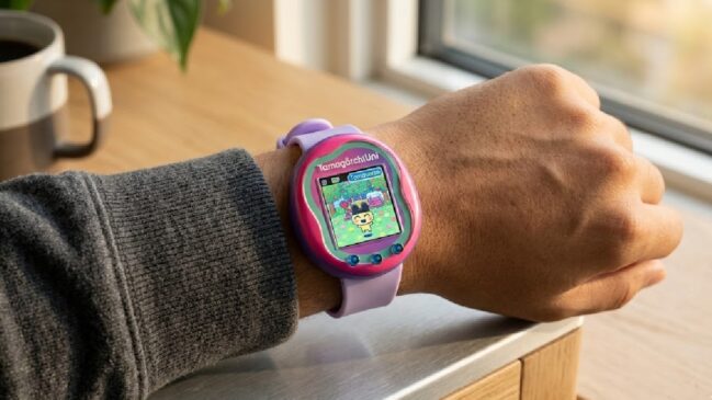 Chamada de Tamagotchi Uni, nova geração abandona o formato isolado de antigamente para se aproximar de um smartwatch infantil (ilustração)