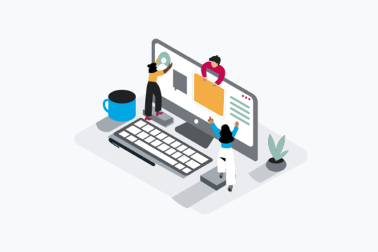 Illustration of people collaborating on a computer screen
