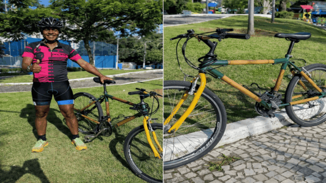 Mateus Nascimento durante a jornada de bicicleta de bambu entre São Paulo e Espírito Santo