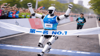 Robô humanoide cruza a linha de chegada após vencer meia-maratona na China