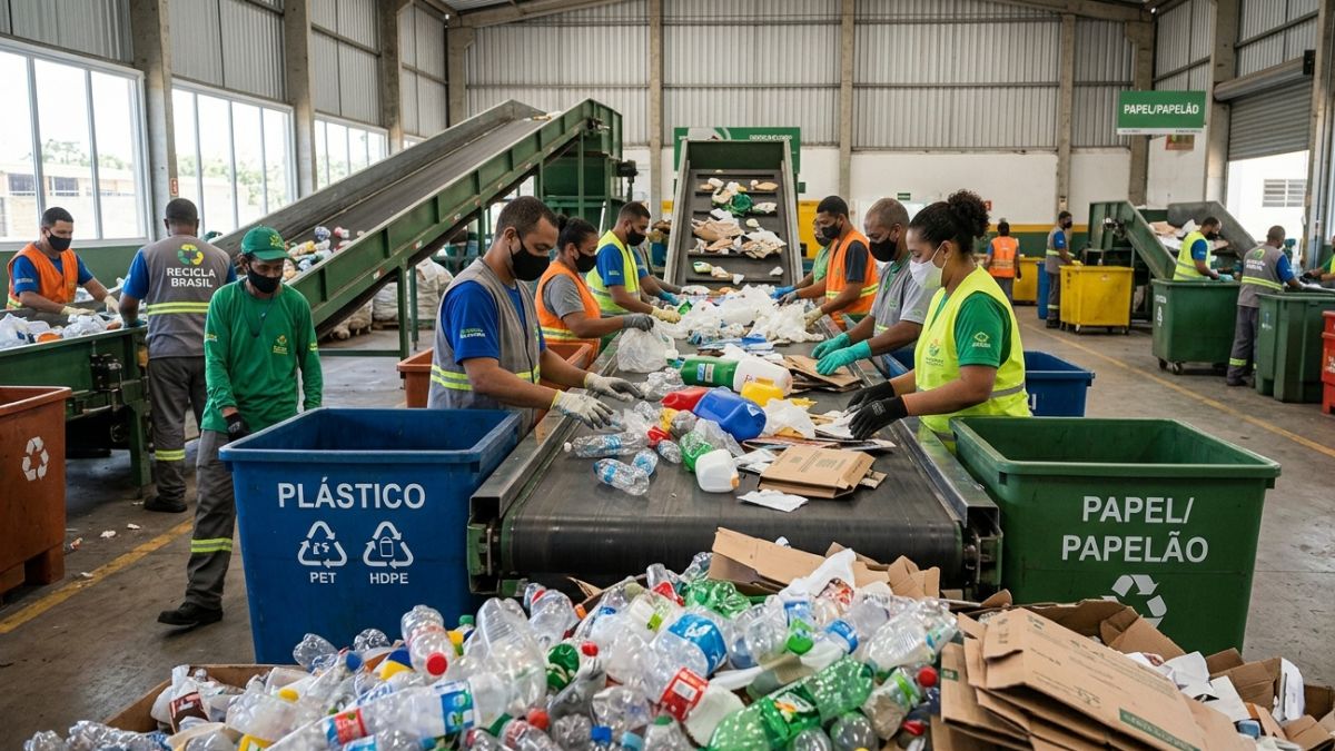 A Lei 15.394/2026 garante créditos de PIS/Cofins para a indústria que compra materiais de cooperativas de reciclagem (Foto: Gemini/Imagem gerada por IA)