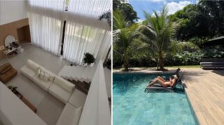 Entre os destaques do imóvel estão a área externa com piscina e vegetação, além de um espaço gourmet