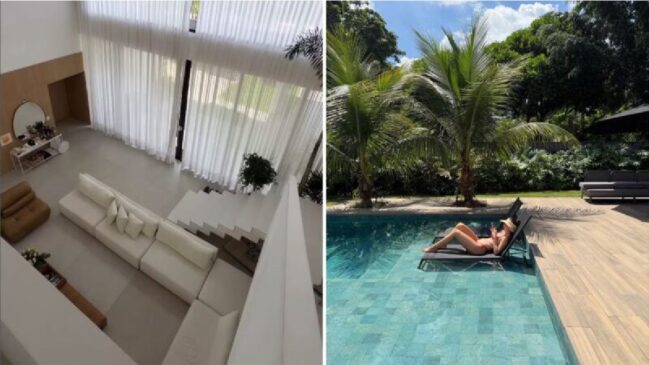 Entre os destaques do imóvel estão a área externa com piscina e vegetação, além de um espaço gourmet