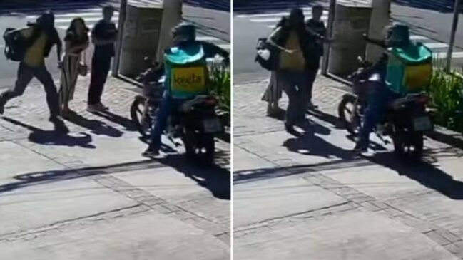 Imagens de câmeras de segurança registraram o momento em que um criminoso aborda um casal