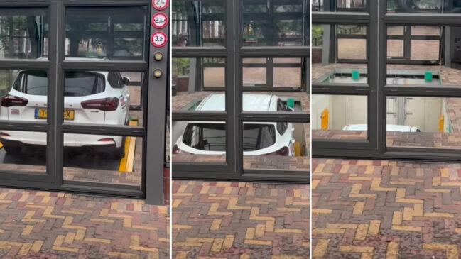 O sistema usa uma cabine de entrega e uma plataforma automatizada para guardar o carro sem motorista ao volante.
