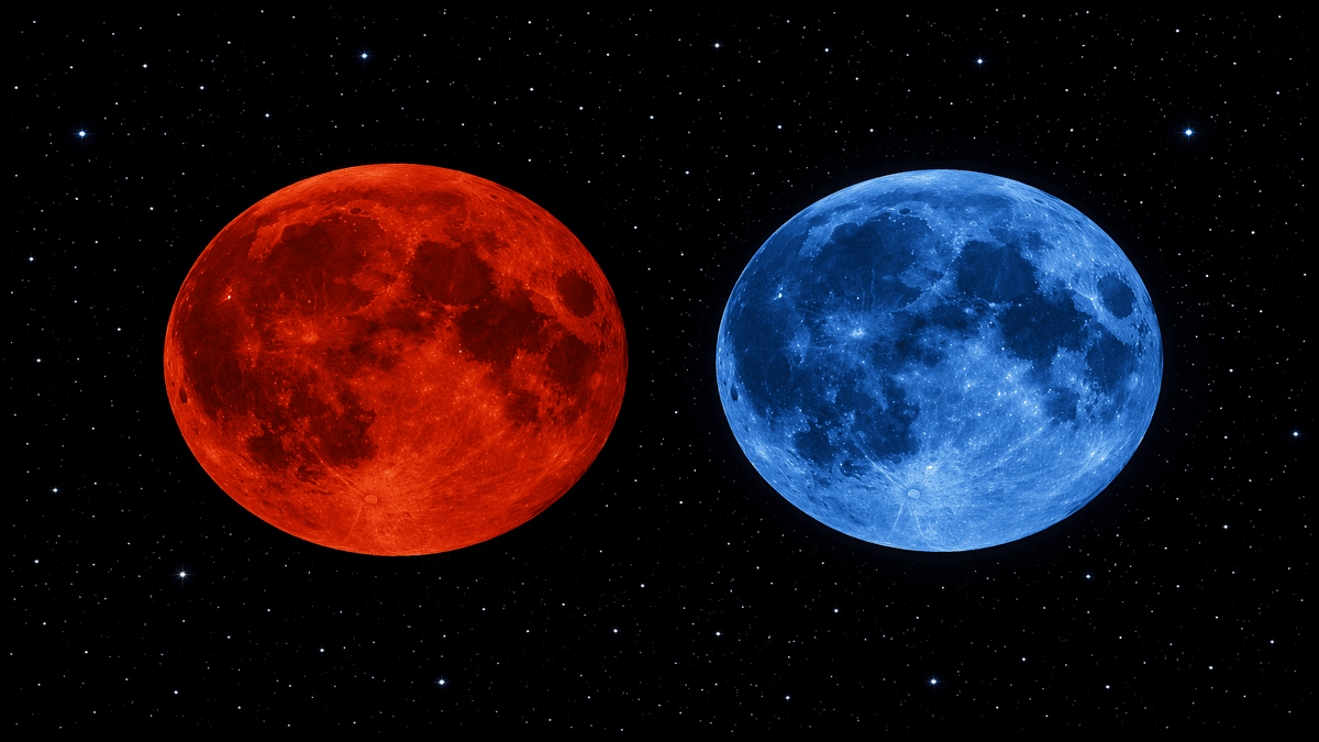 Observadores registram raro encontro entre lua azul e lua vermelha -imagem gerada por IA