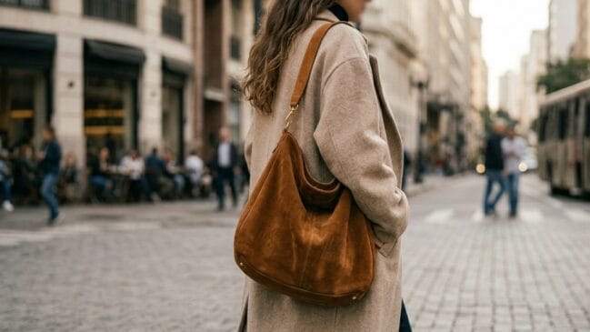 As bolsas hobo de camurça ganharam espaço nas coleções de moda, redes sociais e looks de influenciadoras nos últimos meses (Foto: gerada por IA)