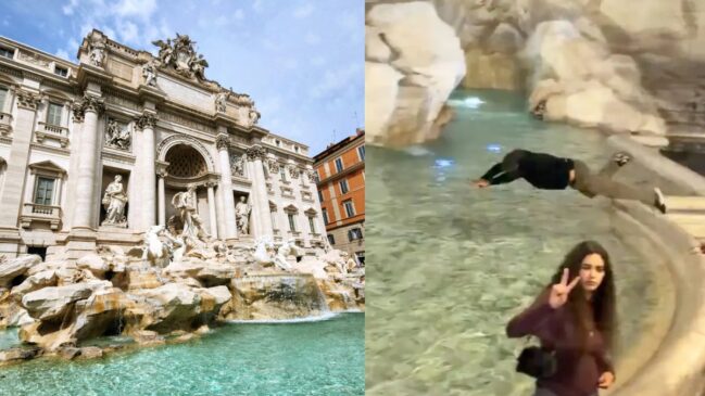 O homem, que não teve a identidade revelada pelas autoridades italianas, mergulhou completamente vestido na bacia do século XVIII.