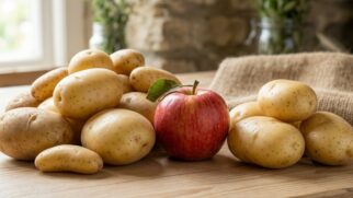 Liberado pela maçã, o gás etileno interfere no processo natural que faz a batata criar brotos ao longo do tempo