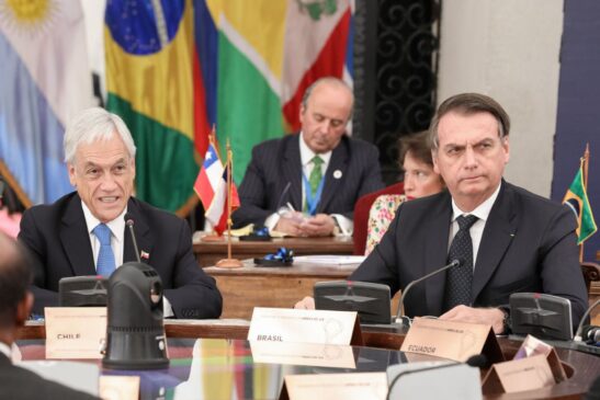 O presidente chileno Sebastián Piñera e o presidente Jair Bolsonaro durante abertura do fórum