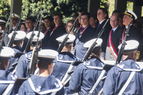O ministro Sergio Moro e o presidente Jair Bolsonaro (PSL) participaram de comemoração da Marinha