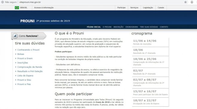 A inscrição deverá ser feita na internet, no site do ProUni; podem concorrer às vagas também os professores da rede pública
