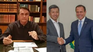 Em live, Bolsonaro reclamou da atitude de Doria; governador ao lado do presidente da Toyota (dir.)