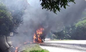 O incêndio provocado pelo acidente atingiu uma área de mata nativa
